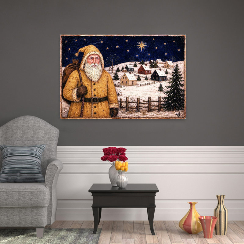 Père Noël, rétro, pin abstrait, paysage, hiver, impression murale, H 32 po x l 48 po