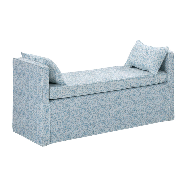 Ramvir 53" Upholstered Linen Paisley Bench, Blue And Black