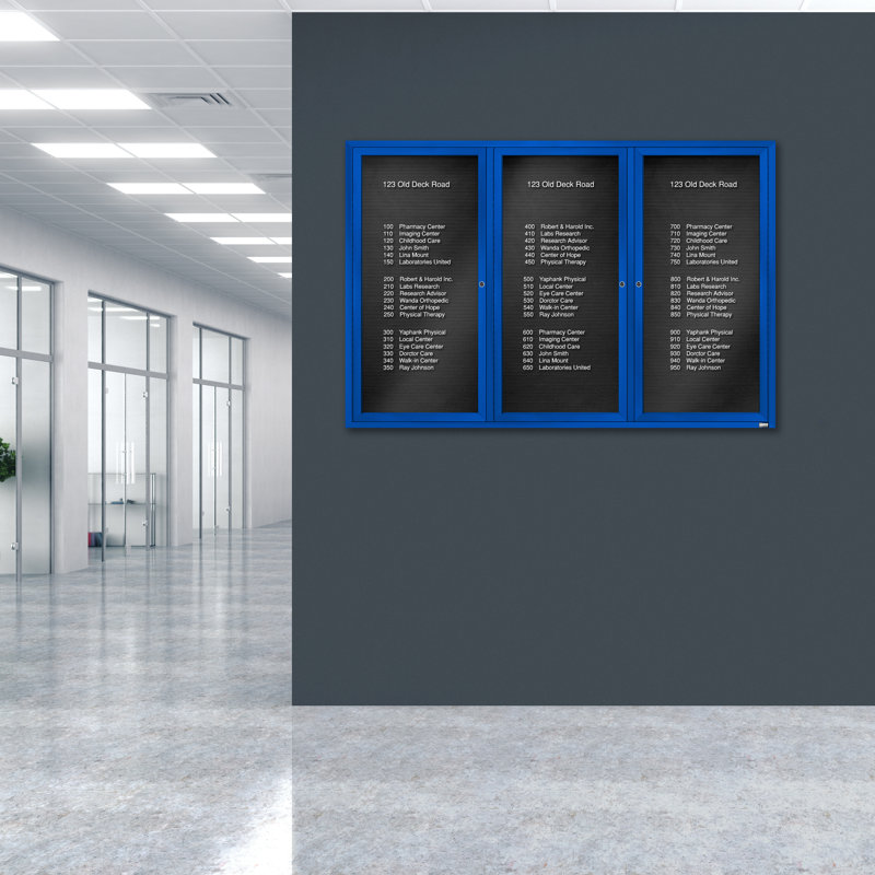 Tableau d'affichage mural fermé pour armoire d'annuaire, Bleu thermolaqué, Trois, 48 po x 72 po