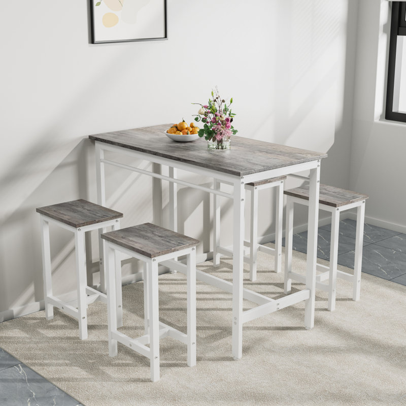 Ensemble de 5 tables de cuisine 5 pièces avec quatre tabourets de bar, structure en métal et panneau de fibres à densité moyenne, chêne blanc, L 47,5 po x l 23,7 po x H 35,5 po.