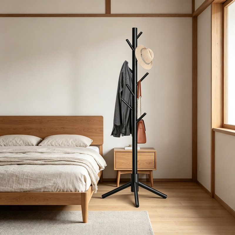 Black Freestanding Coat Rack With 8 Hooks And 3 Height Adjustable Positions. Easy To Assemble And Suitable For Various Storage Scenarios, Including Clothes, Bags, And Hats.