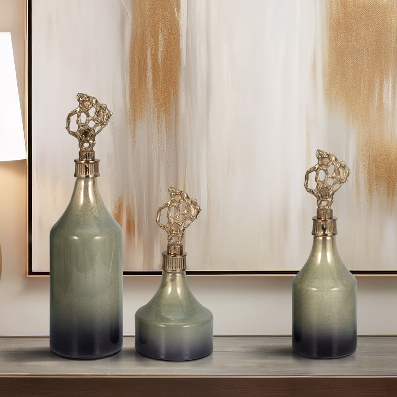 Ensemble de 3 bouteilles en verre vert Anders 12/14/18 po Everly Quinn, verre, or, fantaisie, dégradé