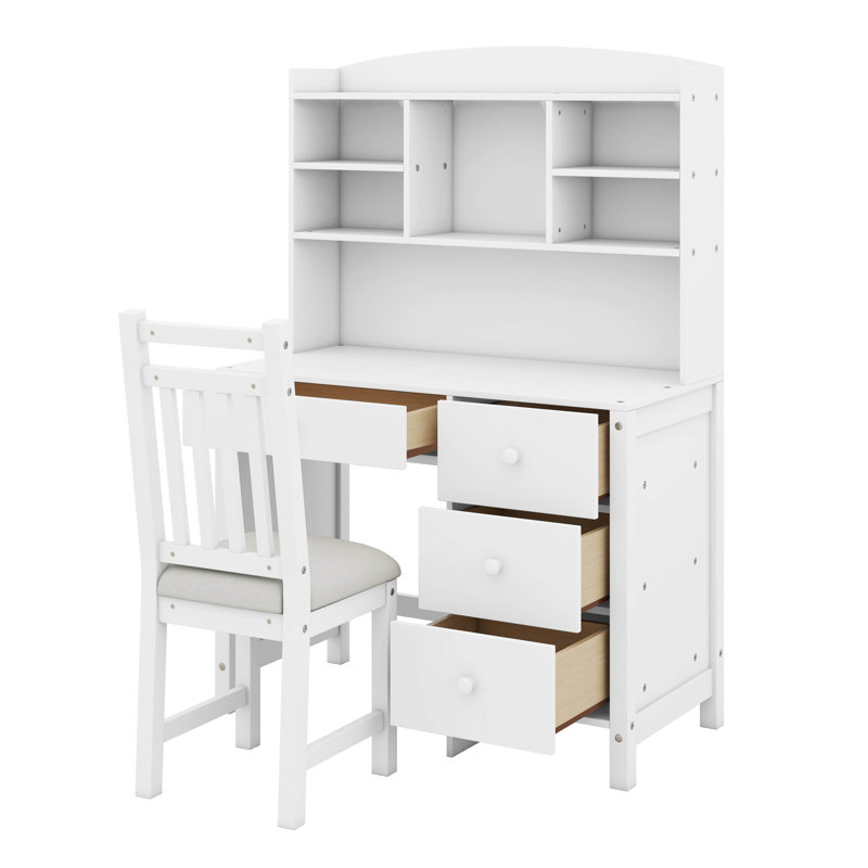 Writing Desk And Upholstered Chair Set With Bookshelf, 40'' Vintage Computer Desk With 4 Drawers, Hutch, And Chair, White