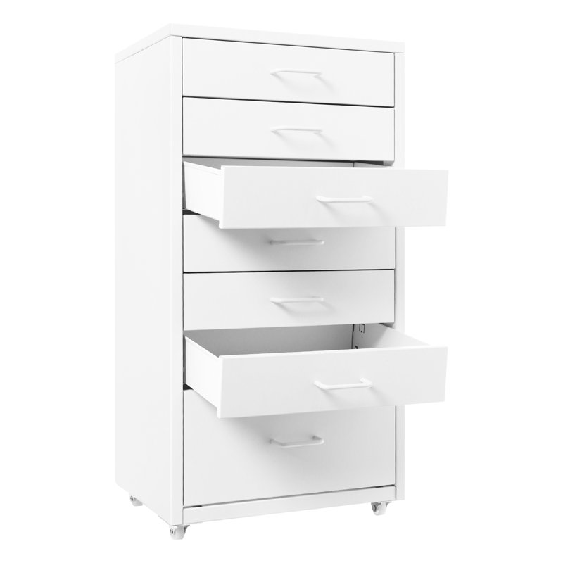 Table de chevet mobile avec 7 tiroirs, Blanc