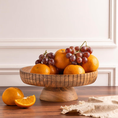 Bol à fruits en bois d'acacia avec piédestal | Diamètre de 12 po | Bol décoratif utilisé comme pièce maîtresse pour le comptoir de cuisine ou la table de salle à manger | Décoration de table en bois | (Finition naturelle)