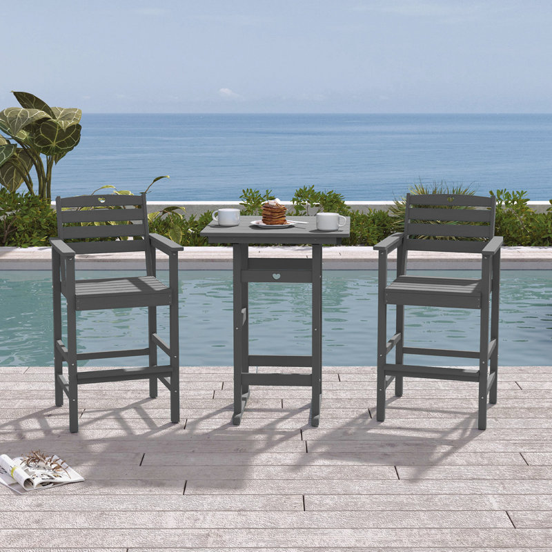 3-Piece Bar Height Patio Table and Chairs Set HDPE Wood Grain Outdoor Bar Table and Chairs with Heart Cutout Design( 3-Piece)