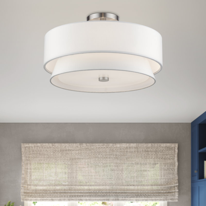 4 Light Brushed Nickel Large Semi-Flush With Hand Crafted Off-White Fabric Hardback Shades, Brushed Nickel