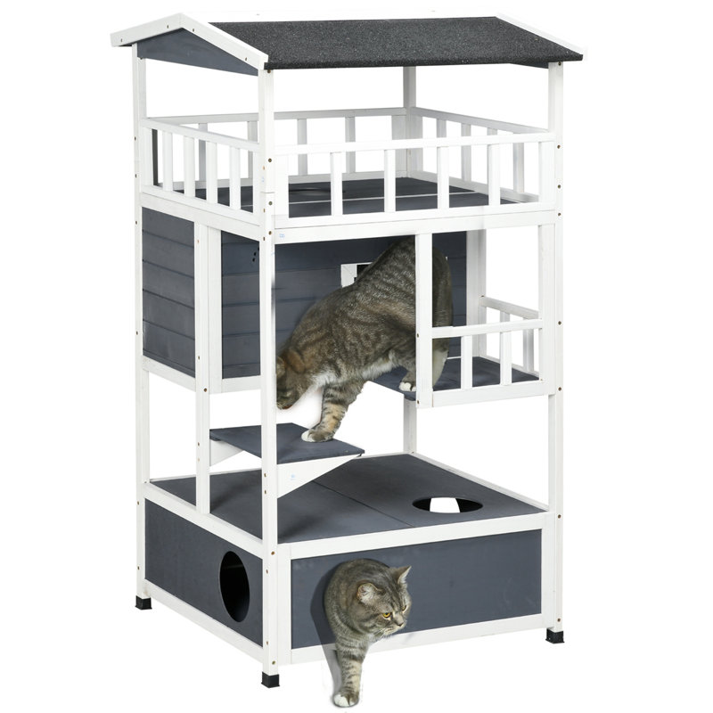 Wooden Outdoor Cat House, 54" H x 29.8" W x 29.5" L, Gray/White