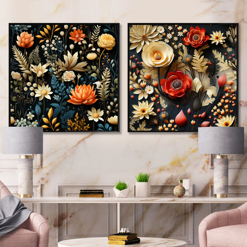 Naelle - Ensemble de 2 collages floraux carrés, Cadre flottant noir, H 16 po x l 33 po