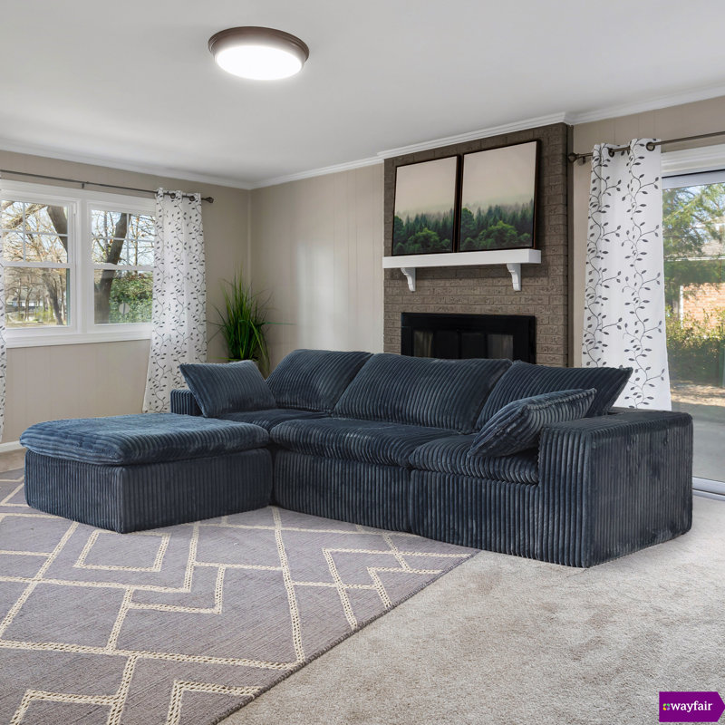Vivianna 118.2 "W Fully Compressed Cloud Sofa With One Ottoman, Corduroy Fabric, Deep-Seat Style, Removable Cushions, No Assembly Required