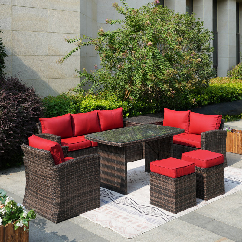 6 - Person Patio Conversation Set with Cushions, Brown, Red