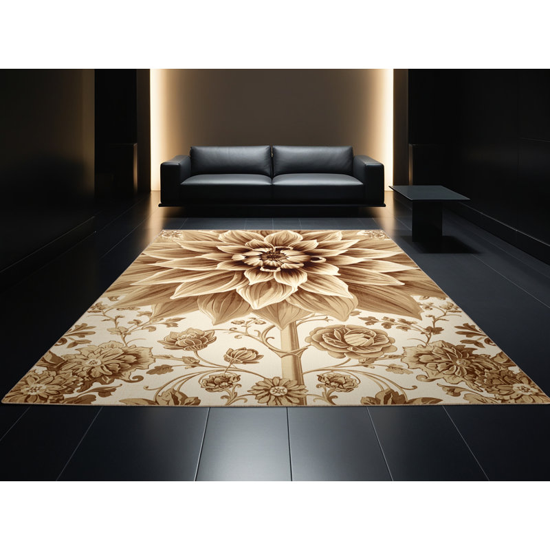 Machine Washable Paesyn Dahlia Ornate Traditional Floral Rug in Beige – Beige Binding, 7' Square