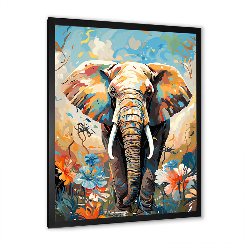 «Grey Creative Tusks Abstract Elephant Art I», art mural éléphant, Cadre simple noir, H 32 po x l 24 po x P 1 po