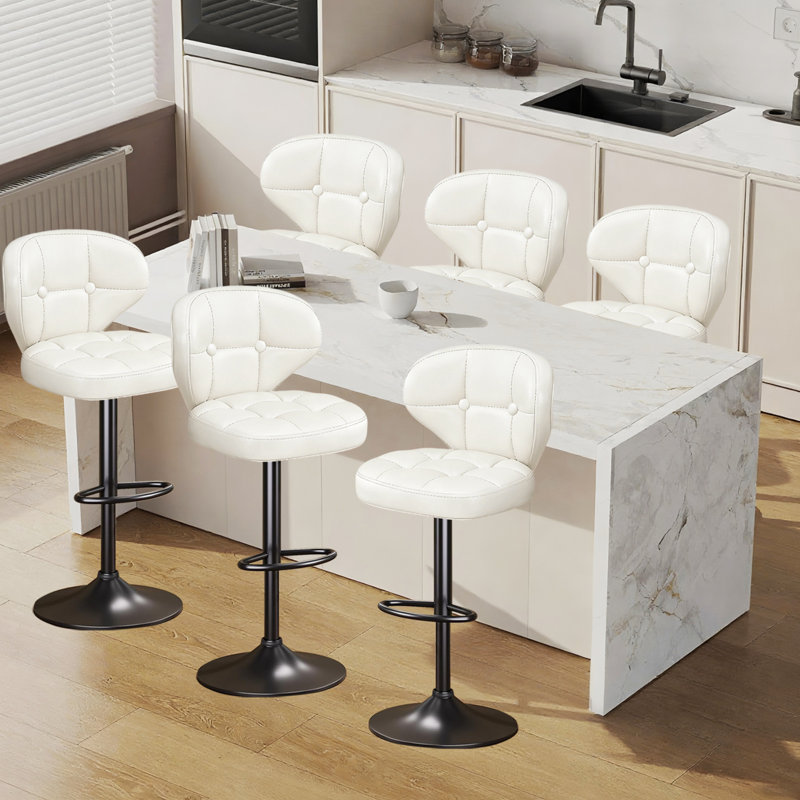 Ensemble de 6 tabourets de bar pivotants réglables avec dossier et repose-pieds, chaises de bar rembourrées à hauteur de comptoir pour îlot de cuisine, blanc