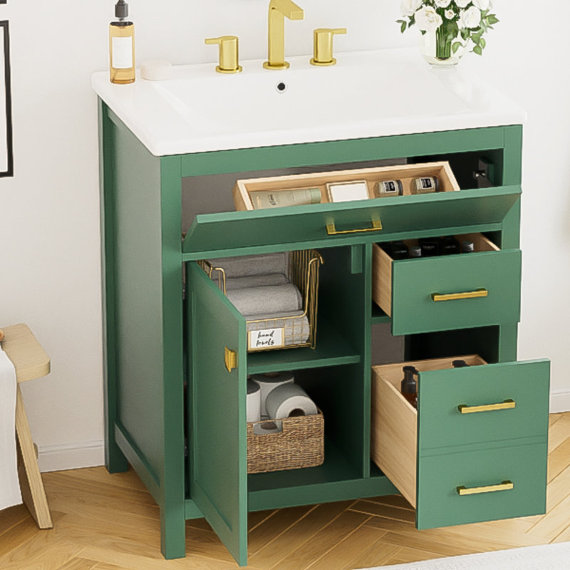 Meuble-lavabo vert 30 po avec lavabo en céramique et beaucoup de rangement
