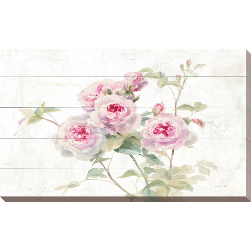 Douces roses sur bois - reproduction sur toile, H 18 po x l 30 po x P 1 po, Toile tendue