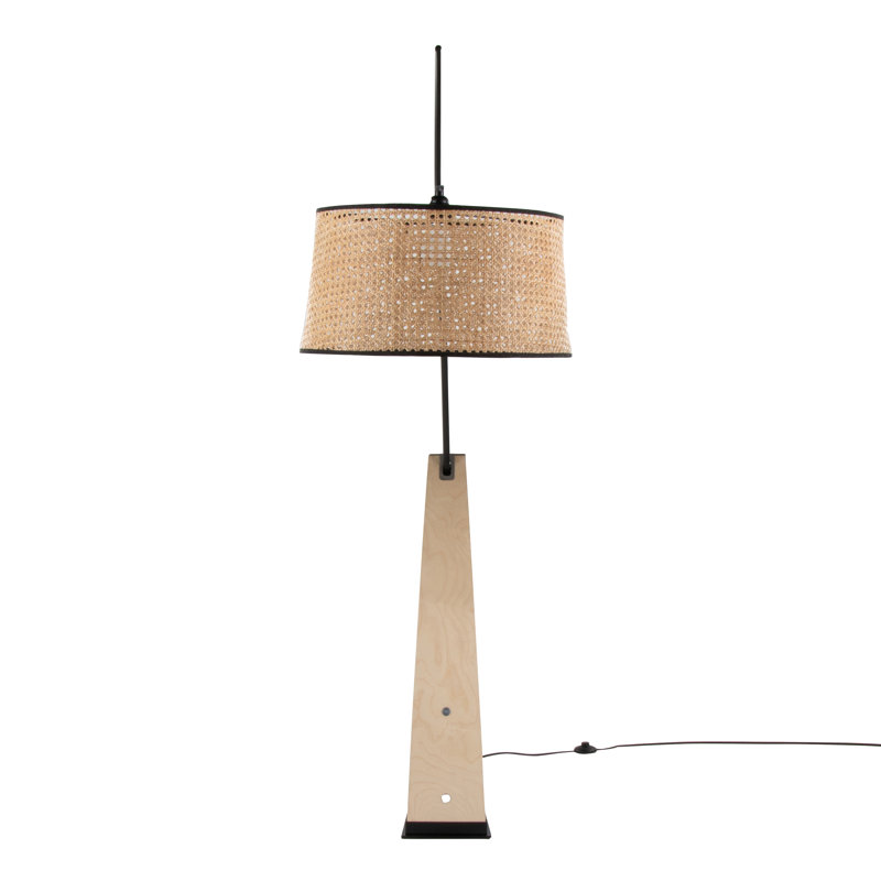 Black Arc Floor Lamp with Rattan Shade