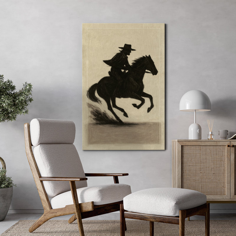 Art mural sur toile "Cowboy au galop" - Scène d'action rétro pour homme dans une grotte ou un vestibule, H 48 po x l 32 po
