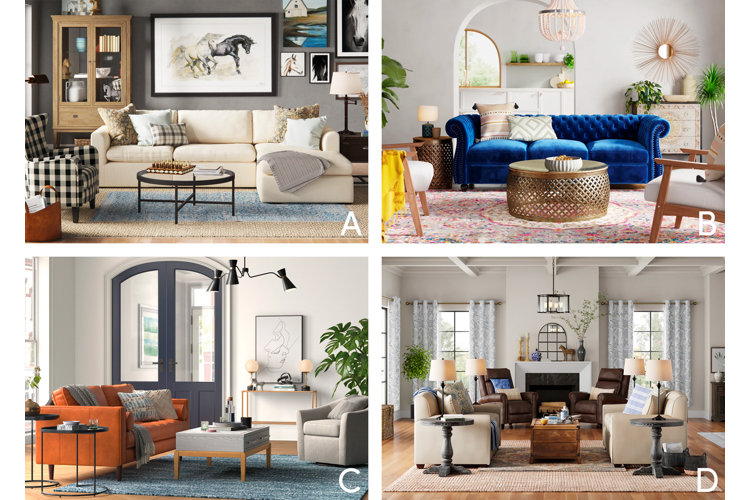 collage with a rustic farmhouse living room, boho living room, modern living room, and traditional living room
