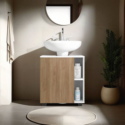 Armoire sous l'évier à deux tablettes latérales avec une porte, arrière découpé et rangement pour salle de bain compact 22 pi.