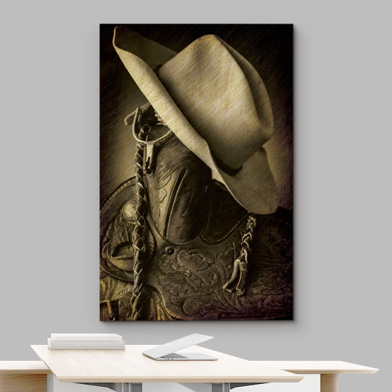 Chapeau de cowboy sur la corne de selle suspendue, éperons et cuir, art rétro, Toile tendue, H 18 po x l 12 po