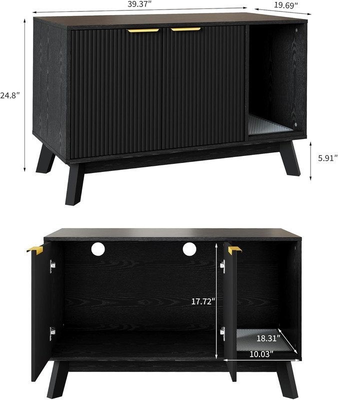 Enceinte de litière pour chat 38,6 "avec tapis et trous ventilés - meubles de litière cachés, table de bout, Black