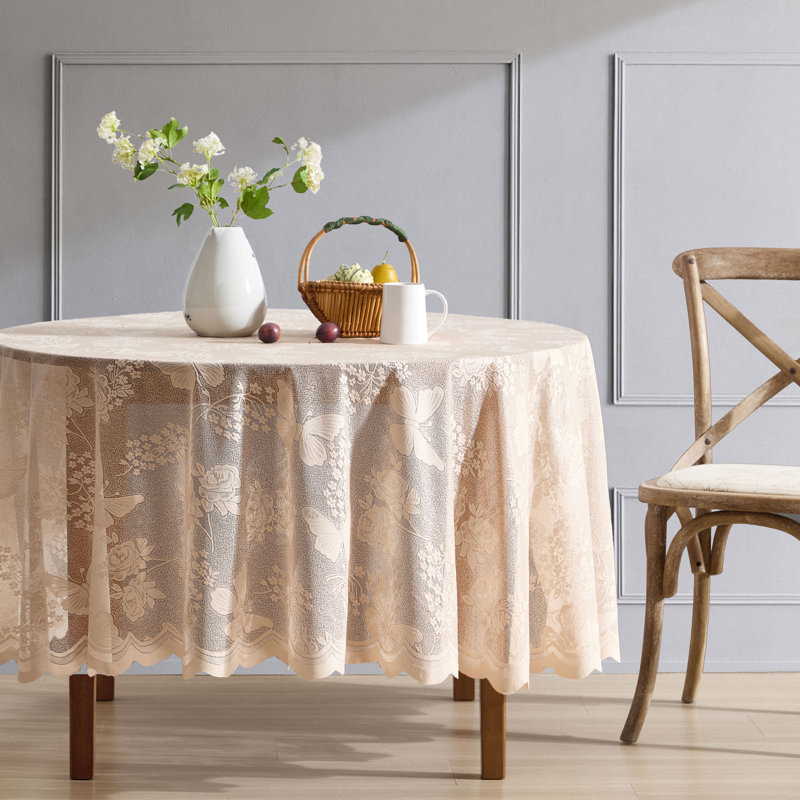 August Grove® Dearia Floral Lace Fabric Tablecloth, Lace Fabric Table Cloth for Round Tables, Wrinkle Resistant Tablecloth, Patterned Scalloped Tablecloth (Round)