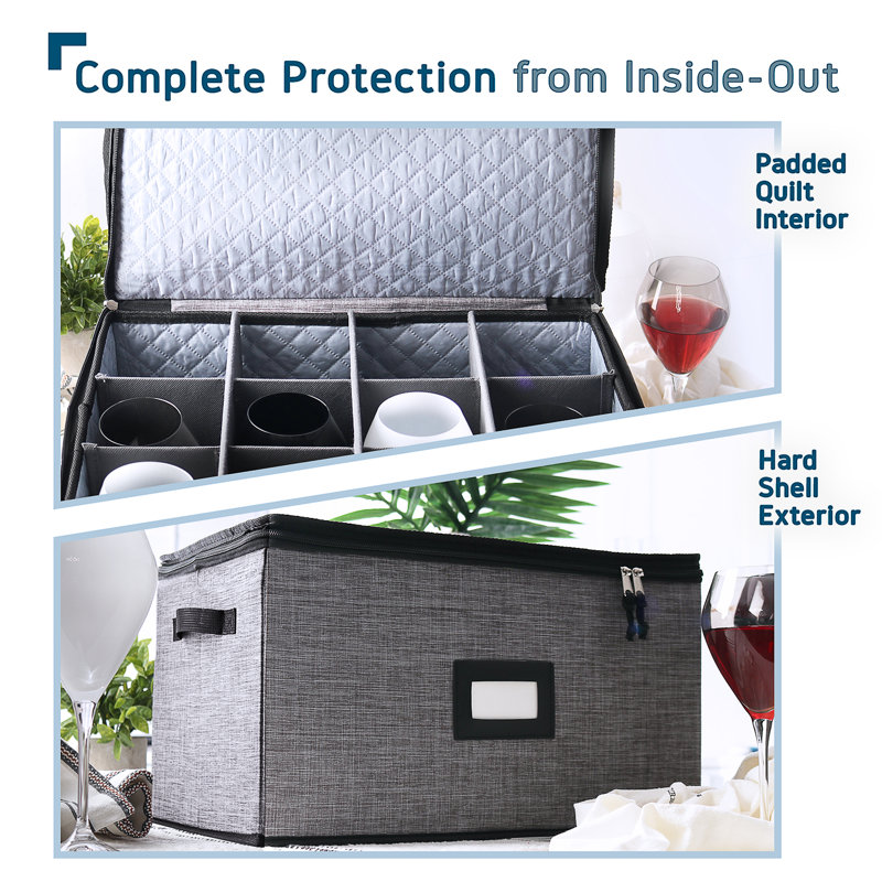 Gray Quilted Stackable Plastic Wine Glass Storage Box with Dividers