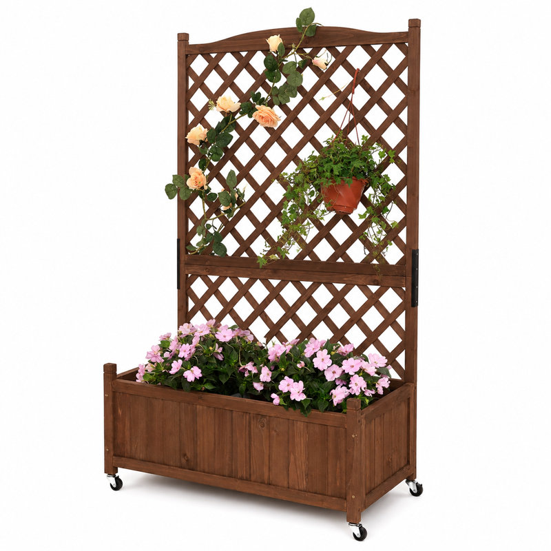 Boîte à fleurs en bois pour jardin avec treillis, Brun