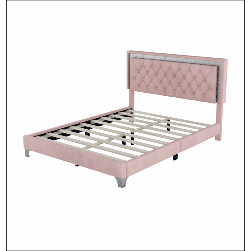 Structure de lit tapissier avec lumières DEL, lit plateforme moderne en velours avec tête de lit capitonnée en cristal, Rose