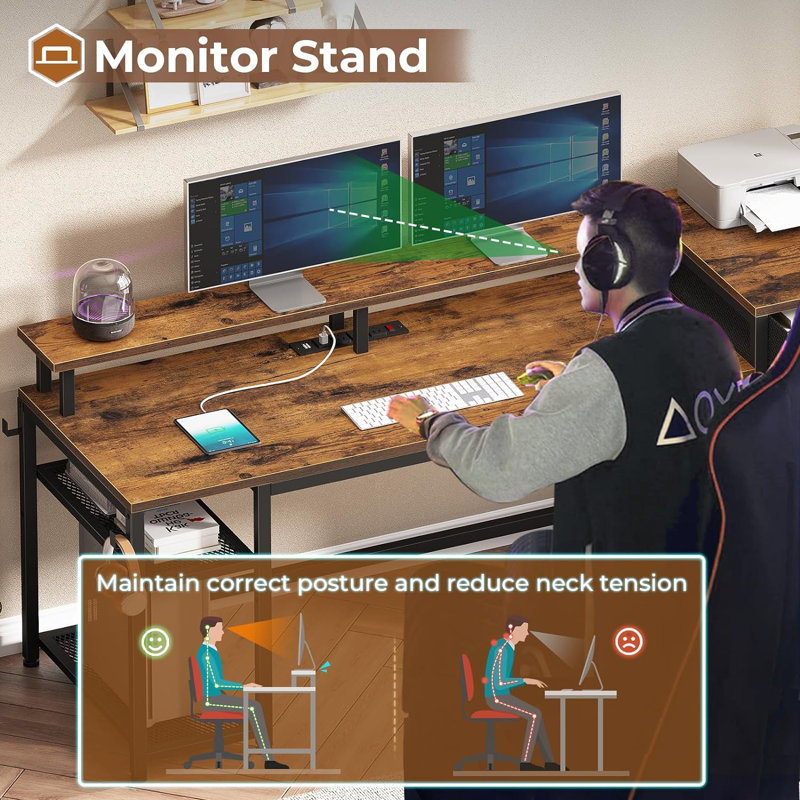 Metal Base Computer Desk with Power Outlet, Brown/Black