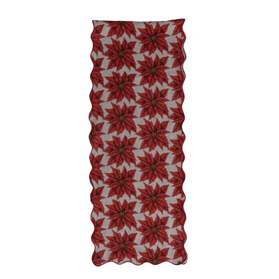 Scalloped Linen Table Runner with Poinsettia Print