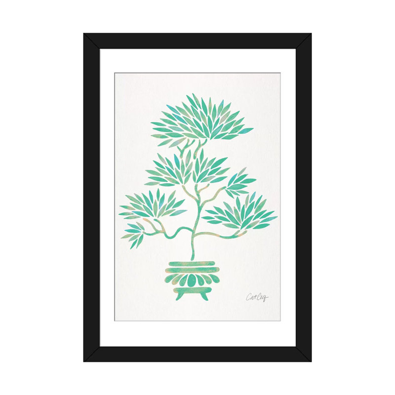 Strickler Bonsai turquoise, H 48 po x l 32 po x P 1,5 po, Papier d'art encadré noir, Blanc