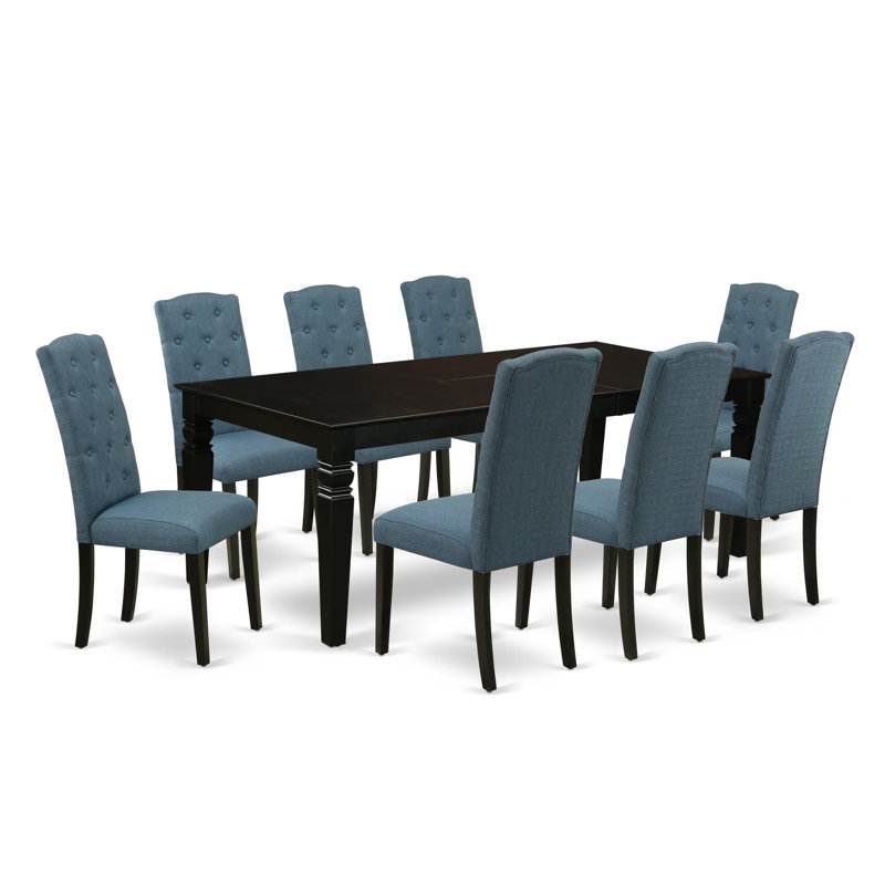 Ensemble de salle à manger 7 pièces comprenant une table rectangulaire avec rallonge papillon et 6 chaises de salle à manger Parson en lin bleu minéral, 107 x 152 cm, noir