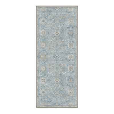 Veloria Vintage Floral Powdered Blue Machine Washable Indoor Area Rug With Non-Slip Backing