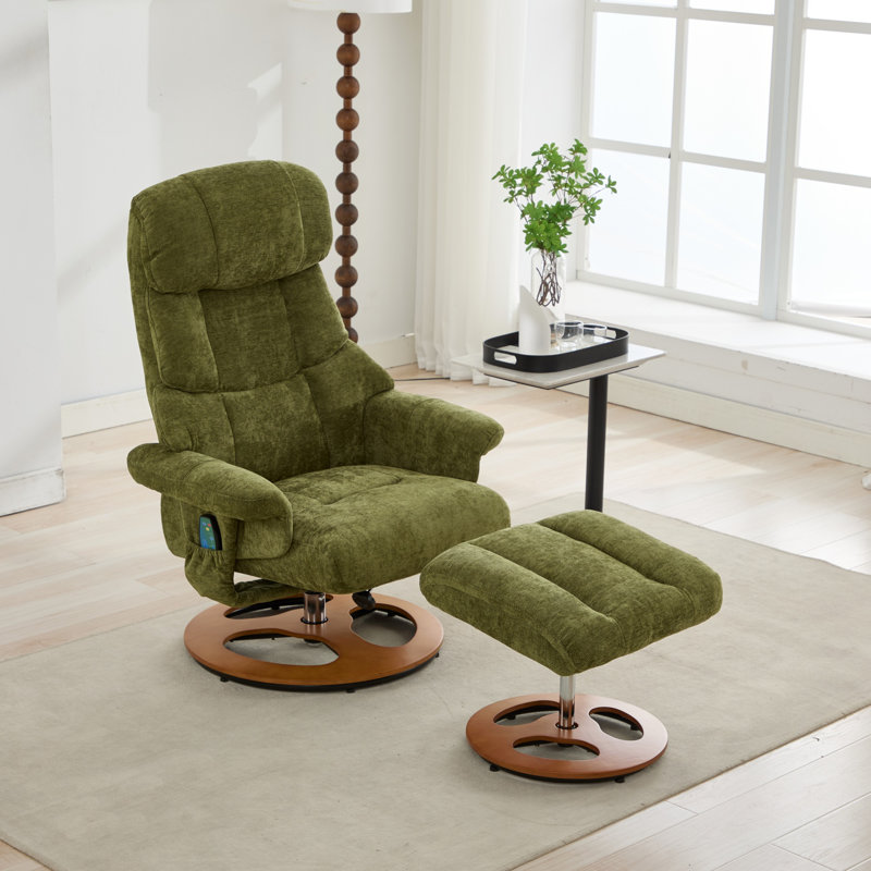 Ergonomic Recliner Chair with Ottoman, Modern 360° Swivel Lounge Chair, Chenille Fabric, 5 Point Vibration Massage, Seat Heating, and 140° Adjustable Backrest