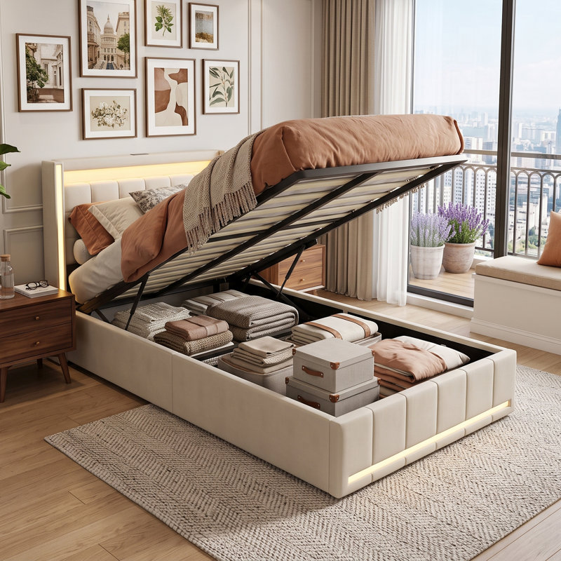 Upholstered European Single (90 x 200 cm) Linen Bed, Beige, Gas Lift Hydraulic
