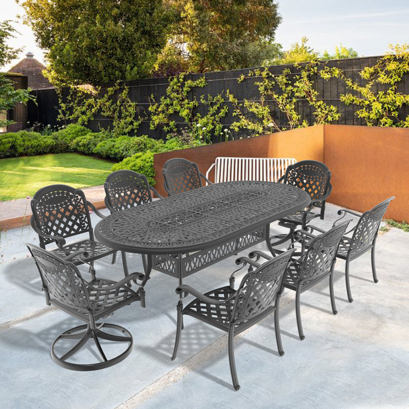 Ensemble de salle à manger rectangulaire pour 8 personnes en aluminium coulé avec 2 chaises pivotantes, coussins et trou pour parasol
