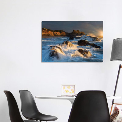 Waves Crashing on Rocks and Washing Down the Sides at Sunset 1 Piece Wrapped Canvas Wall Art