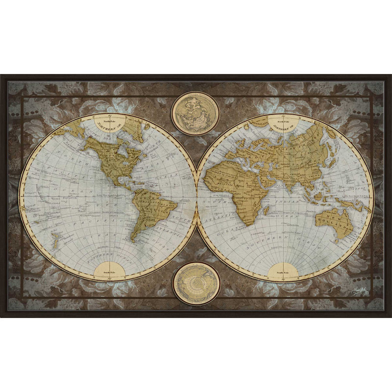 «World Map», impression, H 27,5 po x l 43,5 po x P 2 po, Cadre flottant espresso