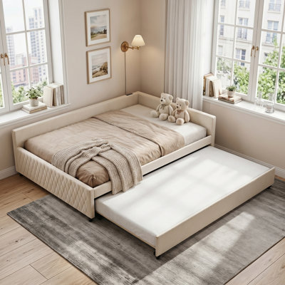 Upholstered Daybed with Trundle, Sturdy Solid Wood Frame, Modern Diamond Grid Tufted Sofa Bed for Bedroom Guest Room Small SpaceMattress Not Included,Mattress Not Included