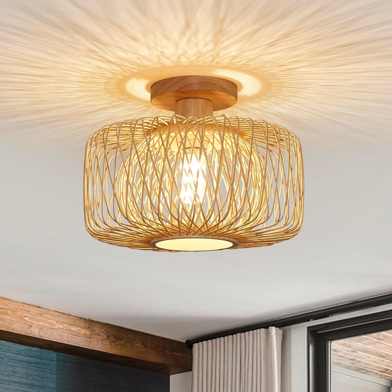 Rattan Flush Mount Ceiling Light, Boho Light Fixtures Ceiling With Woven Bamboo Shade, Rattan Chandelier Flush Mount Light Fixture For Living Room Bedroom Kitchen Entryway Farmhouse Hallway Foyer