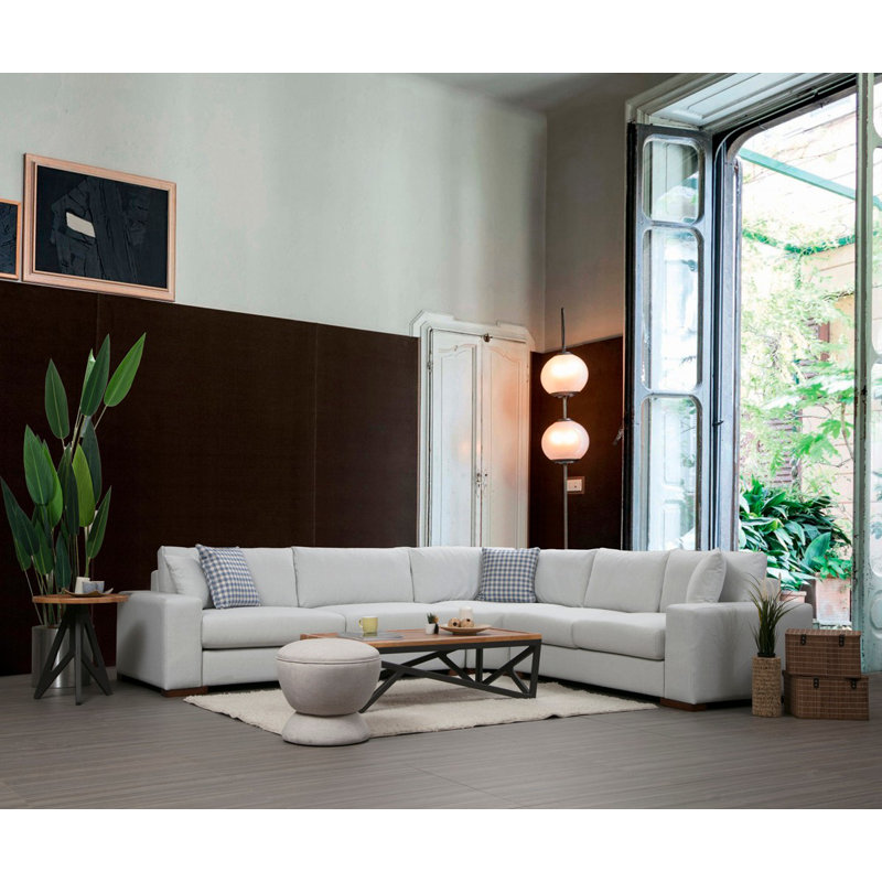 Élégant canapé d'angle avec structure en bois de hêtre, 9,3 x 10,6 pi | Tissu 100% polyester, nettoyage à sec | 4 coussins (18 x 18 po), ressorts durables et mousse confortable | Design moderne scandinave, pieds en noyer, couleur blanche