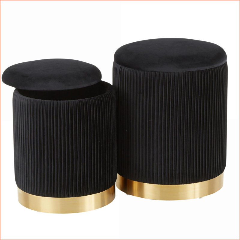 Ensemble de 2 repose-pieds avec velours noir et repose-pieds Base en métal doré | Glam contemporain | Métal doré, Noir