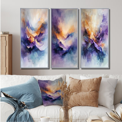 Orange Purple Chromatic Dance Of Eternity I - Liquid Ink Abstract Canvas Prints Collection 3 Pieces