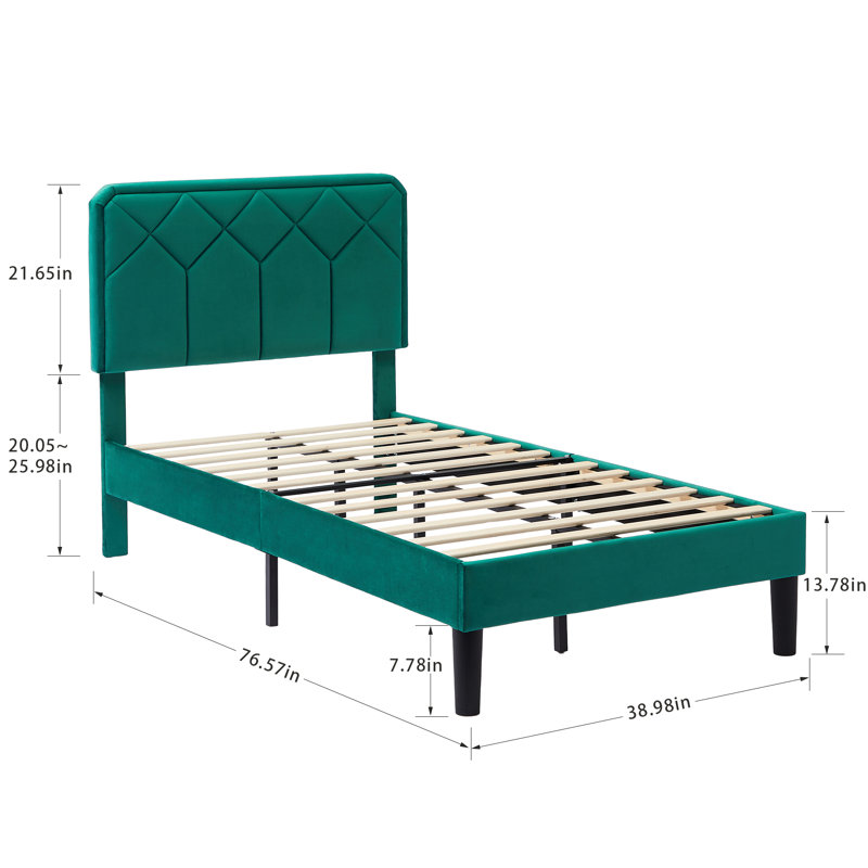 (Set of 2) Green Twin Size Upholstered Platform Bed Frame with Adjustable Headboard, No Box Spring Needed, Green