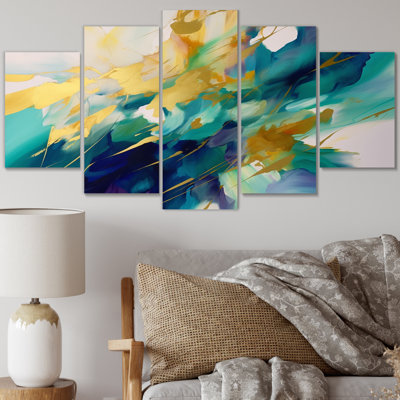 Gold And Turquoise Order In Complexity II - Abstract Shapes Canvas Print - 5 Panels