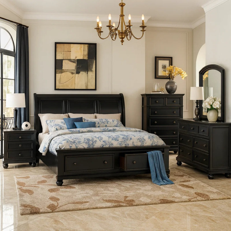 Ben Four Piece Queen Size Bedroom Set, Transitional Style, Black, Bronze, Black
