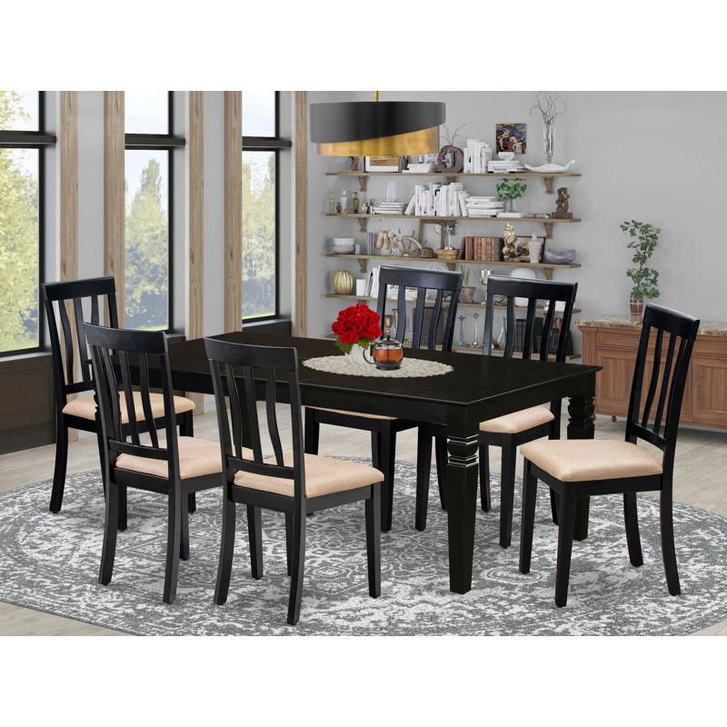 7 Piece Kitchen Table Set Consist of a Rectangle Dining Table with Butterfly Leaf and 6 Linen Fabric Dining Room Chairs, Black