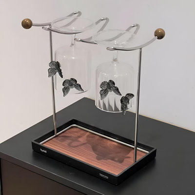 Vintage Walnut Wine Stand | Stainless Steel Dripping Cup Stand | Creative Kitchen Storage Art